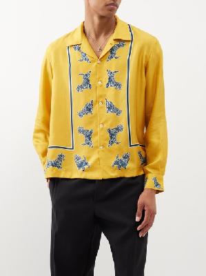 Bode - Running Scottie Long-sleeved Silk Shirt - Mens - Yellow Print - L