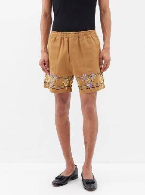 Bode - Floral-embroidered Cotton-twill Shorts - Mens - Brown Multi - M