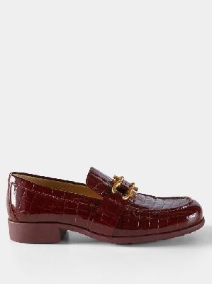 Bottega Veneta - Madame Patent Crocodile-effect Leather Loafers - Womens - Burgundy - 35 EU/IT