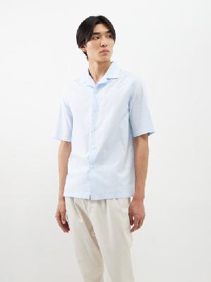 Brunello Cucinelli - Cuban-collar Cotton-poplin Short-sleeved Shirt - Mens - Light Blue - M