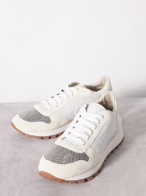 Brunello Cucinelli - Monili-embellished Suede And Mesh Trainers - Womens - White - 38 EU/IT