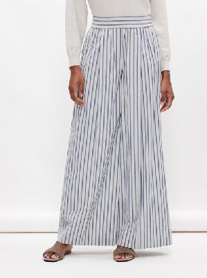 Brunello Cucinelli - Striped Cotton-linen Wide-leg Trousers - Womens - Blue Stripe - 44 IT