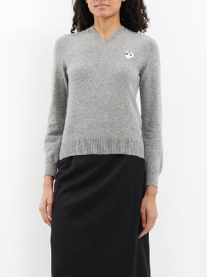 Comme Des Garçons Play - Heart-appliqué V-neck Wool Sweater - Womens - Grey - L