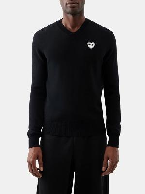 Comme Des Garçons Play - Logo-embroidered V-neck Wool Sweater - Mens - Black - L