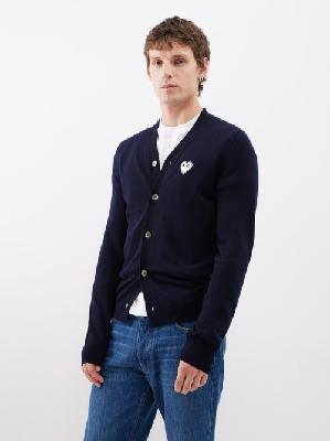 Comme Des Garçons Play - White Heart Embroidered Wool Cardigan - Mens - Navy - L