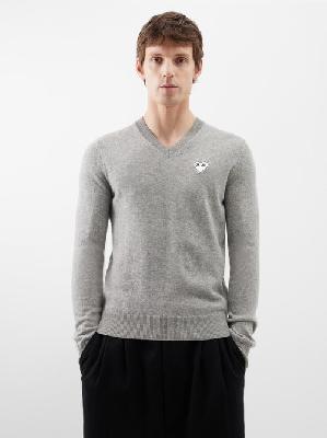 Comme Des Garçons Play - V-neck Heart-embroidered Wool Sweater - Mens - Grey - L