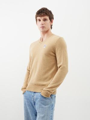 Comme Des Garçons Play - V-neck Heart-embroidered Wool Sweater - Mens - Beige - L