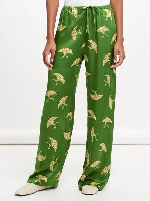 Dries Van Noten - Crane-print Drawstring Silk-twill Trousers - Womens - Green Print - 34 FR