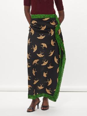 Dries Van Noten - Sole Crane-print Silk-blend Crepe Skirt - Womens - Black Print - 36 FR