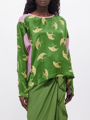 Dries Van Noten - Caias Crane-print Silk-blend Panelled Top - Womens - Green Multi - 34 FR