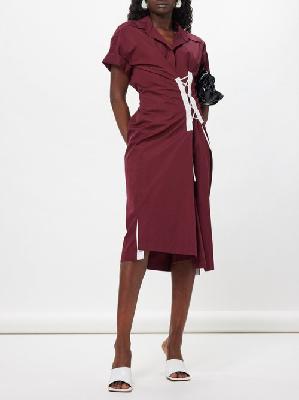 Dries Van Noten - Delick Lace-gathered Cotton-poplin Midi Dress - Womens - Burgundy - 38 FR