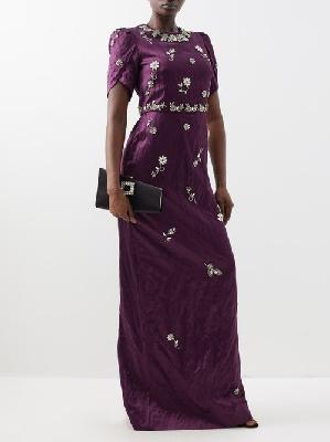 Erdem - Crystal-embellished Satin Short-sleeved Gown - Womens - Dark Purple - 10 UK