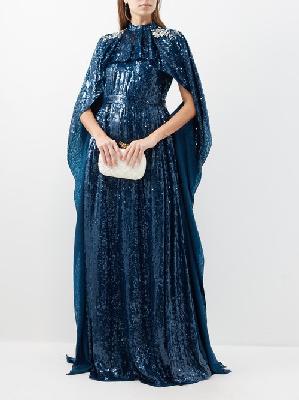 Erdem - Cape-sleeve Sequinned Gown - Womens - Dark Blue - 12 UK