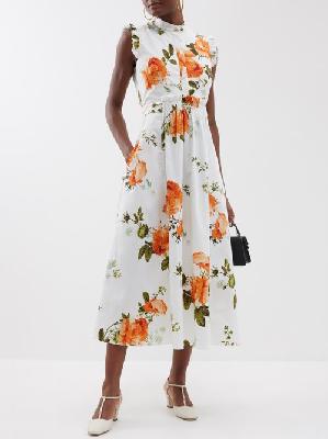 Erdem - Rose-print Poplin Midi Dress - Womens - White Multi - 10 UK