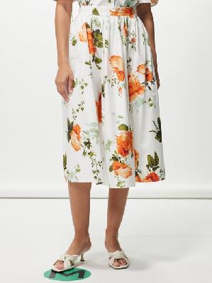 Erdem - Floral-print Cotton-poplin Midi Skirt - Womens - White Multi - 10 UK