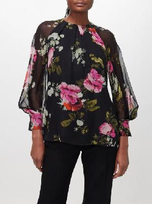 Erdem - Rose-print Silk-voile Blouse - Womens - Black Multi - 16 UK