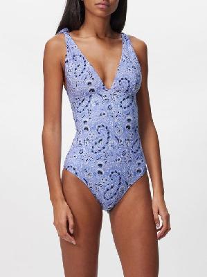 Etro - V-neck Paisley-print Swimsuit - Womens - Blue - M