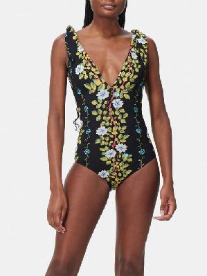 Etro - V-neck Floral-print Swimsuit - Womens - Black Multi - L