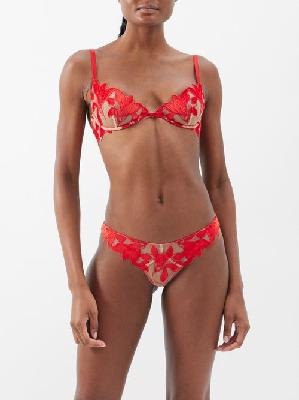 Fleur Du Mal - Lily Floral-embroidered Tulle Underwired Bra - Womens - Red - 32C