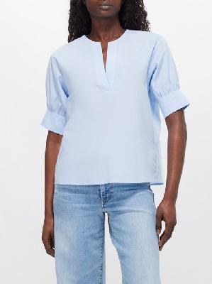 Frame - Gathered-sleeve Organic Cotton-blend Blouse - Womens - Light Blue - S