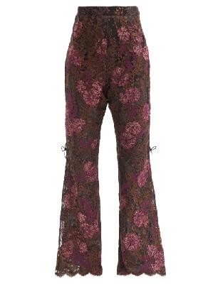 Gucci - Floral-lace And Leather Flared Trousers - Womens - Brown Multi - 42 IT