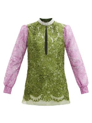 Gucci - Crystal-embellished Slit-front Lace Blouse - Womens - Green Multi - 36 IT