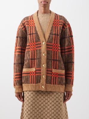 Gucci - Reversible Check & Gg-jacquard Wool-blend Cardigan - Womens - Brown Multi - L