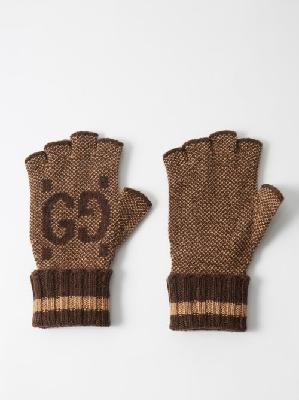 Gucci - GG-jacquard Fingerless Cashmere Gloves - Womens - Brown Multi - L