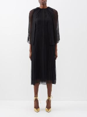 Gucci - Pleated Cape-shoulder Silk-chiffon Midi Dress - Womens - Black - 38 IT