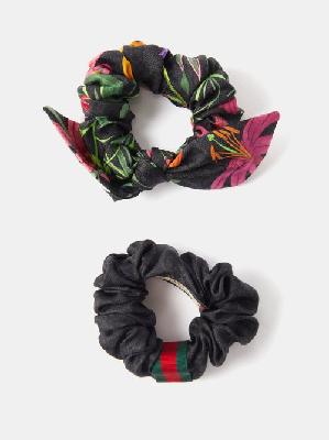 Gucci - Set Of Two Floral And Web-stripe Silk Scrunchies - Womens - Black - ONE SIZE
