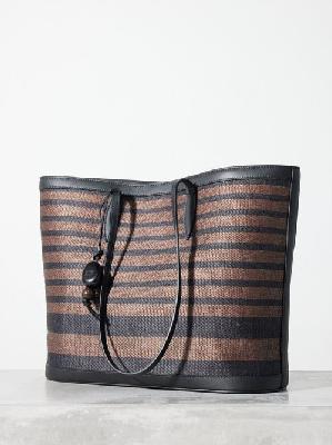 Hunting Season - Leather-trim Striped Woven-palm Tote Bag - Womens - Black Brown - ONE SIZE