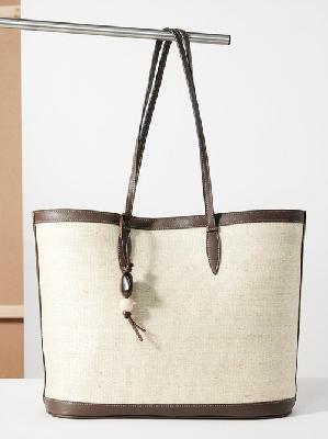 Hunting Season - Leather-trim Woven-palm Tote Bag - Womens - Brown White - ONE SIZE