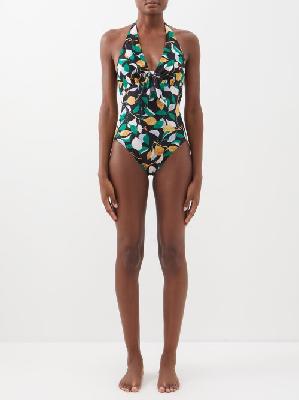La DoubleJ - Bow Printed Halterneck Swimsuit - Womens - Black Multi - S