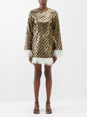 La DoubleJ - Twiggy Feather-trim Leopard-brocade Mini Dress - Womens - Gold Multi - L