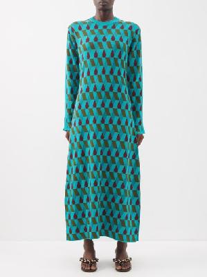 La DoubleJ - Diamond-jacquard Knit Cotton-blend Dress - Womens - Blue Multi - S