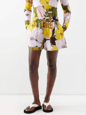 La DoubleJ - Big Flowers-print Cotton-twill Shorts - Womens - Brown Multi - L