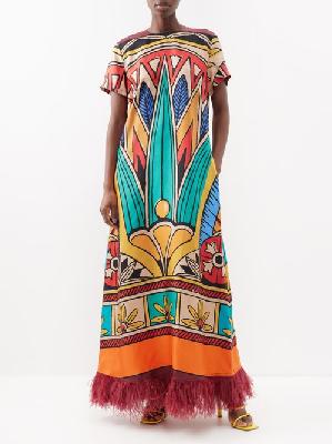 La DoubleJ - Feather-trim Printed Silk Maxi Dress - Womens - Multi - L