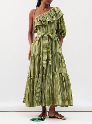 Lisa Marie Fernandez - Arden One-shoulder Linen-blend Dress - Womens - Green Multi - 0