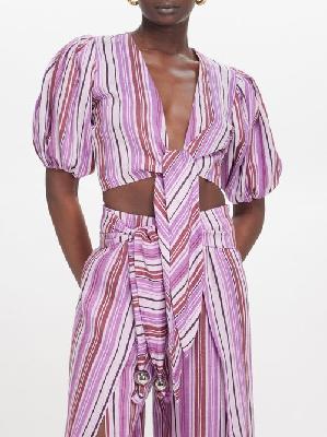 Lisa Marie Fernandez - Pouf Striped Linen-blend Cropped Top - Womens - Purple Multi - 2