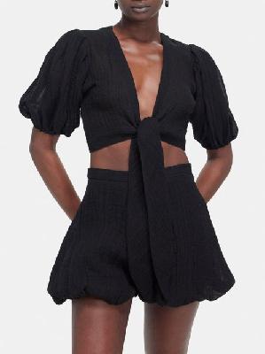 Lisa Marie Fernandez - Pouf Linen-blend Gauze Cropped Top - Womens - Black - 3
