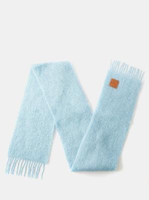 Loewe - Anagram-patch Fringed Wool-blend Scarf - Womens - Light Blue - ONE SIZE