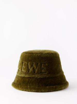 Loewe - Logo-embroidered Shearling Bucket Hat - Womens - Khaki Green - 57