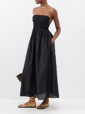 Matteau - Shirred-bodice Organic-cotton Blend Midi Dress - Womens - Black - 1