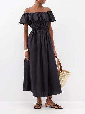 Matteau - Off-the-shoulder Ruffled Organic-cotton Maxi Dress - Womens - Black - 1