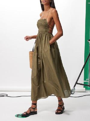 Matteau - Shirred-bodice Organic-cotton Blend Dress - Womens - Olive - 1