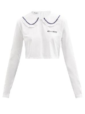 Miu Miu - Peter Pan-collar Cotton Long-sleeved T-shirt - Womens - White - XS