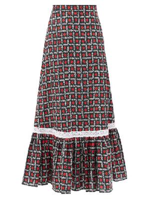 Miu Miu - Floral-print Tiered Cotton Midi Skirt - Womens - Black Print - 36 IT
