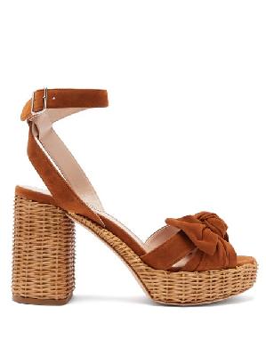 Miu Miu - Bow-front Suede And Wicker Platform Sandals - Womens - Tan - 34.5 EU/IT