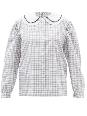 Miu Miu - Lace-trimmed Collar Checked Cotton-poplin Shirt - Womens - Blue - 50 IT