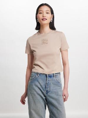 Miu Miu - Distressed-logo Cotton-jersey T-shirt - Womens - Nude - L